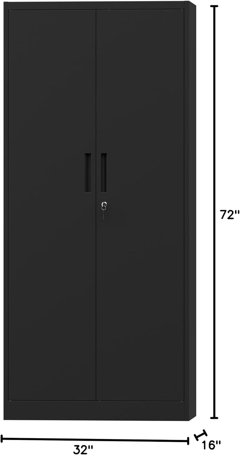 72" Metal Storage Cabinet with Doors and Shelves, Tall Garage Cabinets Lockable File Cabinet, Heavy-Duty Locker Cabinet Tool Cabinets for Garage, Office, Home, Kitchen (Black)