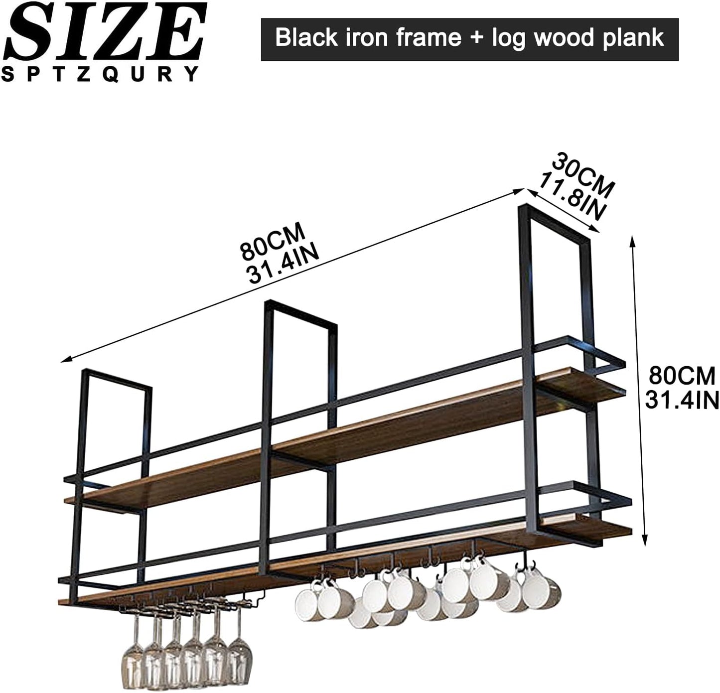 Ceiling Wine Glass Rack - 31.4in Hanging Wine Rack with Glass Holder and Shelf, 2 Layer Industrial Hanging Wine Bottle Holder, Black Metal Ceiling Shelf for Bar Cafe Kitchen (Black, 31.4×11.8×31.4in)
