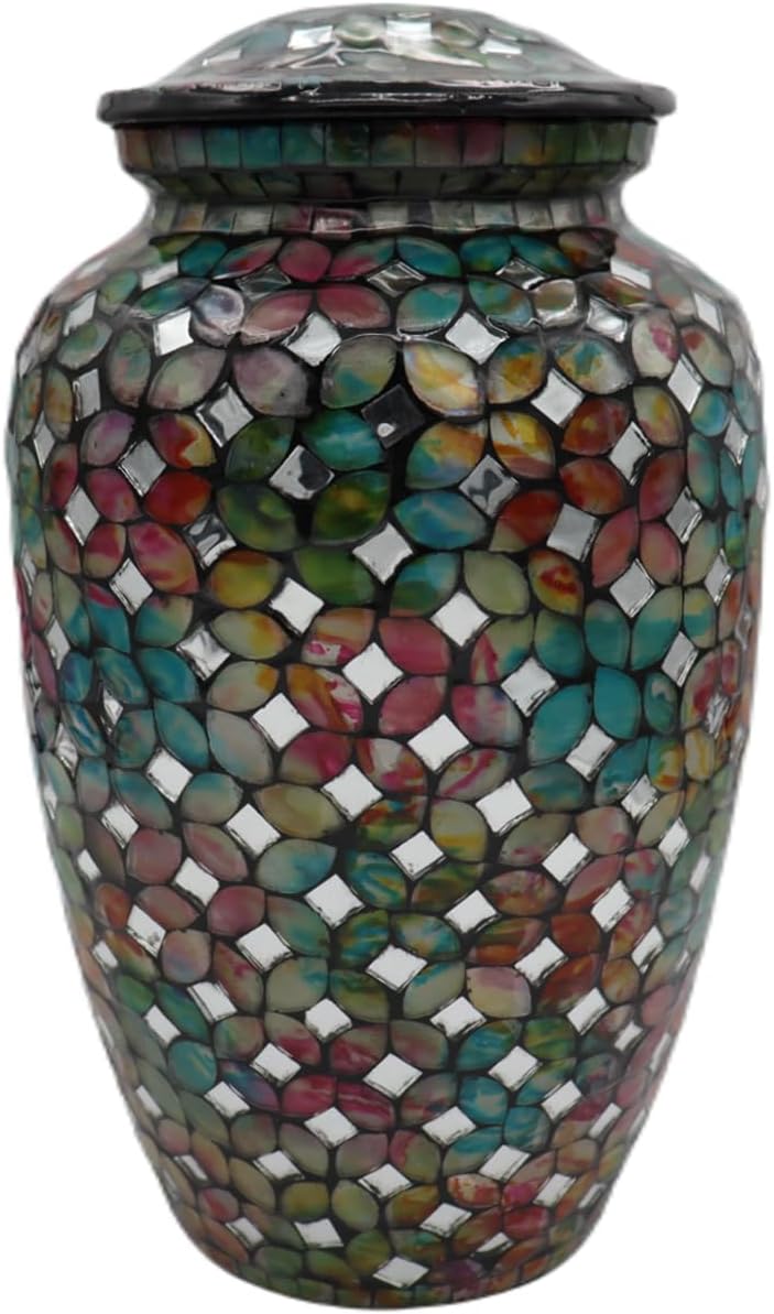 Mosaic Glass Cremation Urn - Hand Made Funeral Urn for Human Ashes - Large Adult Size Burial Urn - Hand Applied Individual Tiles Create a one of a Kind Work of Art - 200 cu in (Blue)