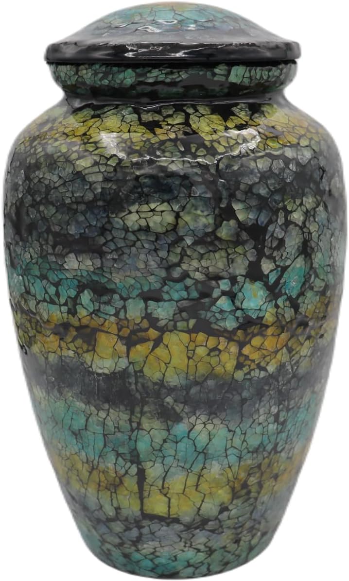 Mosaic Glass Cremation Urn - Hand Made Funeral Urn for Human Ashes - Large Adult Size Burial Urn - Hand Applied Individual Tiles Create a one of a Kind Work of Art - 200 cu in (Blue)