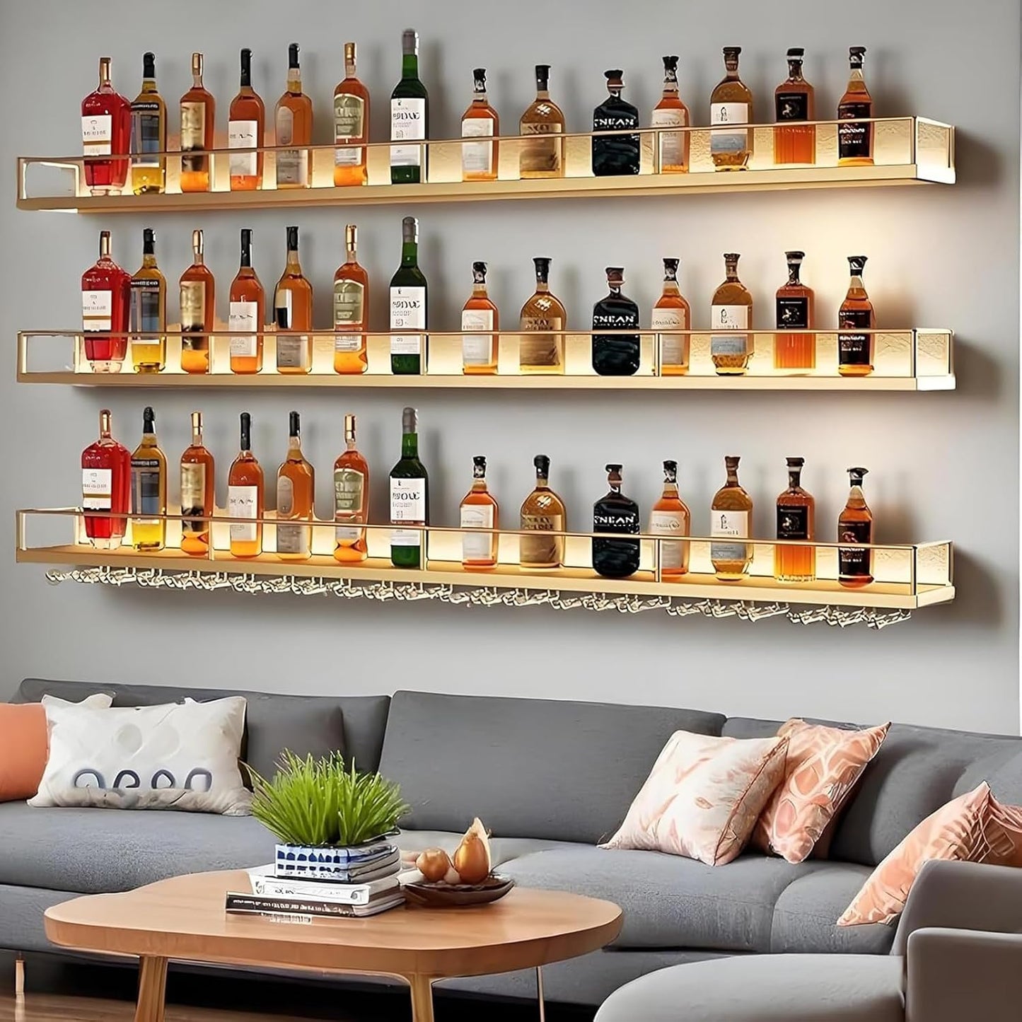 71in Wall-Mounted Metal Wine Rack with LED Lights 3-Tier Floating Bar Shelves with Wine Glass Rack Large Wine Bottle Display Rack Hanging Shelf, for Home Bar Dining Room Decorative (Gold, 180cm/71in)