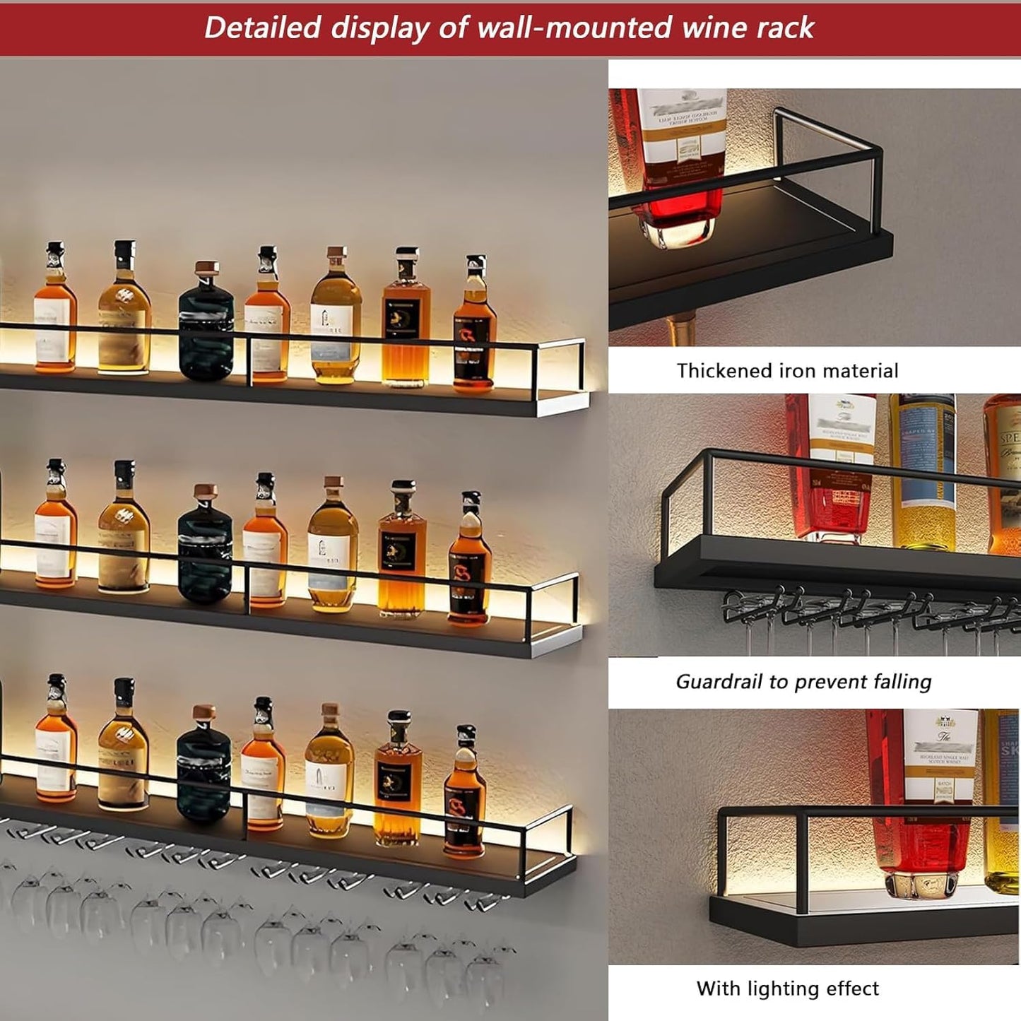 71in Wall-Mounted Metal Wine Rack with LED Lights 3-Tier Floating Bar Shelves with Wine Glass Rack Large Wine Bottle Display Rack Hanging Shelf, for Home Bar Dining Room Decorative (Gold, 180cm/71in)