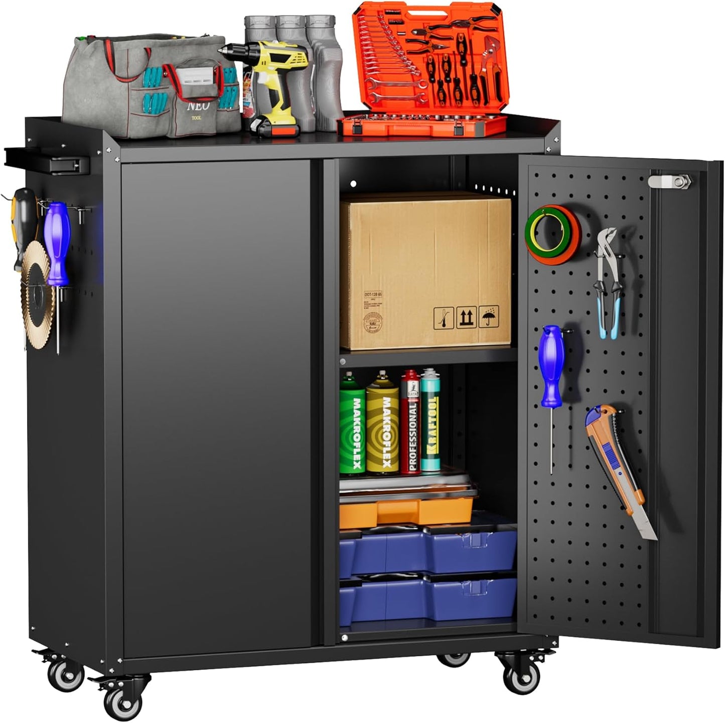 Broom Closet Storage Cabinet with Hanging Rod, 71" H Metal Garage Storage Cabinet with Wheels and 4 Adjustable Shelves, Locking Broom Closet with 13 Hooks for Garage, Bathroom, Home