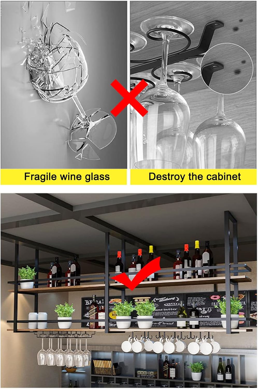 Ceiling Wine Glass Rack - 31.4in Hanging Wine Rack with Glass Holder and Shelf, 2 Layer Industrial Hanging Wine Bottle Holder, Black Metal Ceiling Shelf for Bar Cafe Kitchen (Black, 31.4×11.8×31.4in)
