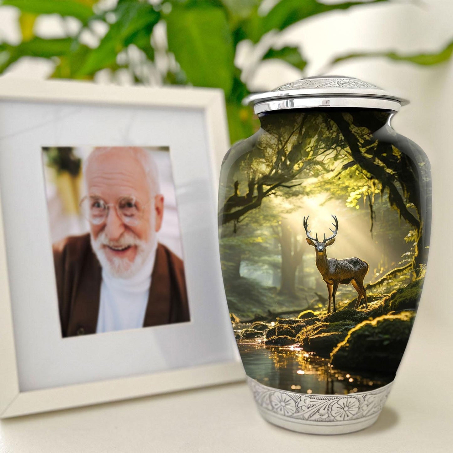 Deer Forest Urn for Human Ashes | Large Handcrafted Funeral Memorial | Decorative Cremation Urn for Women and Men