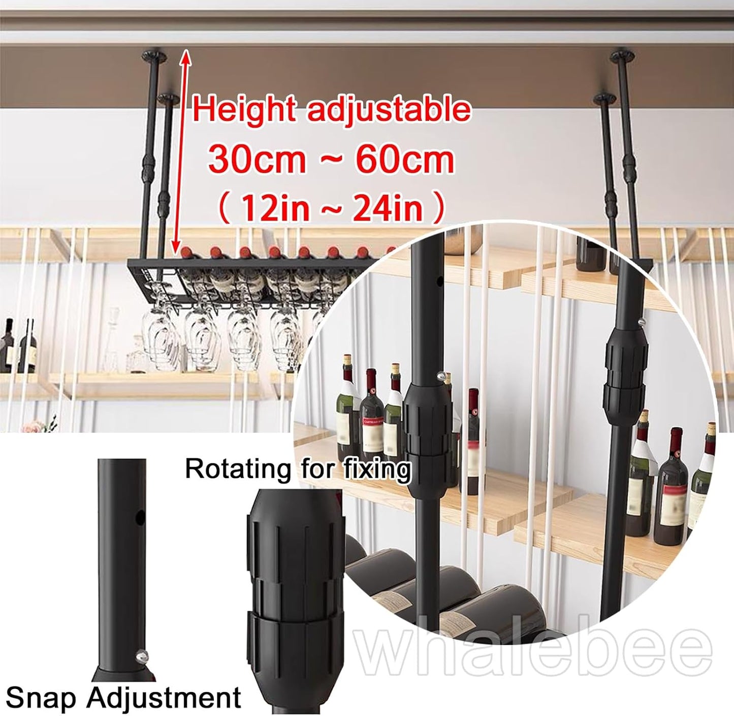 Wine Stemware Holder Metal Wine Glasses Hanger 24" ~ 79" Hanging Wine Glass Rack, Ceiling Bottle Racks Adjustable Height Space Saving Wine Glass - Wine Bottle Display Rack