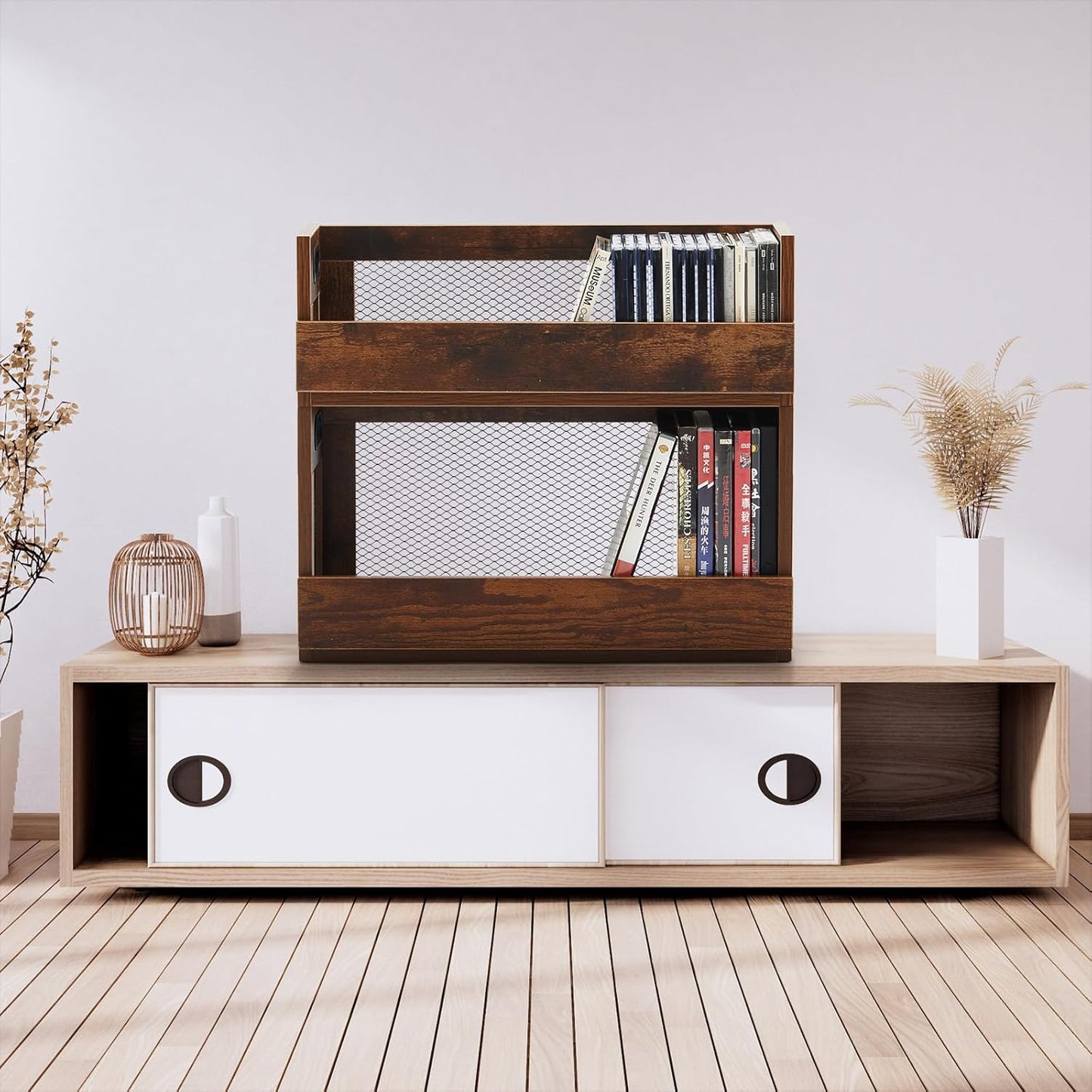 Jetec 2 Set Metal & Wooden DVD and CD Storage Box Retro Style Cassette Tape Display Stand Holder Rack with Carrying Handle, Organizer Shelf for Movie Cases, Can Store up to 36 CDs and 26 DVDs