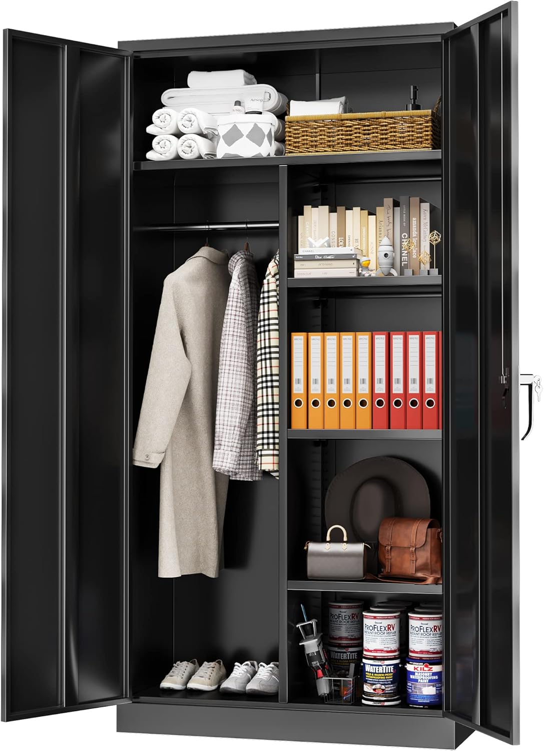 Greenvelly Metal Storage Cabinet with Lock, 72” Black Garage Storage Cabinet with Doors and Shelves, Tall Lockable File &Tool Cabinet for Home Office, Metal Classroom Cabinet Basement