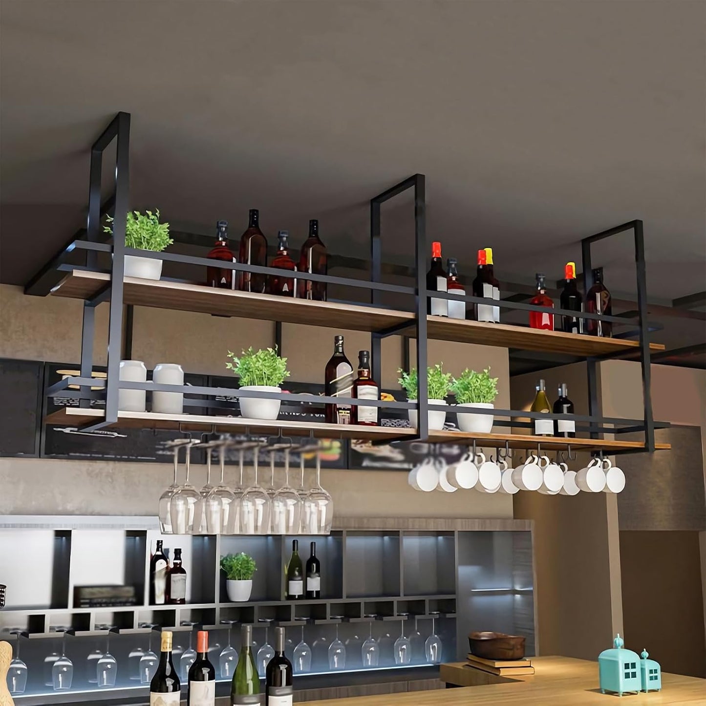 Ceiling Wine Glass Rack - 31.4in Hanging Wine Rack with Glass Holder and Shelf, 2 Layer Industrial Hanging Wine Bottle Holder, Black Metal Ceiling Shelf for Bar Cafe Kitchen (Black, 31.4×11.8×31.4in)