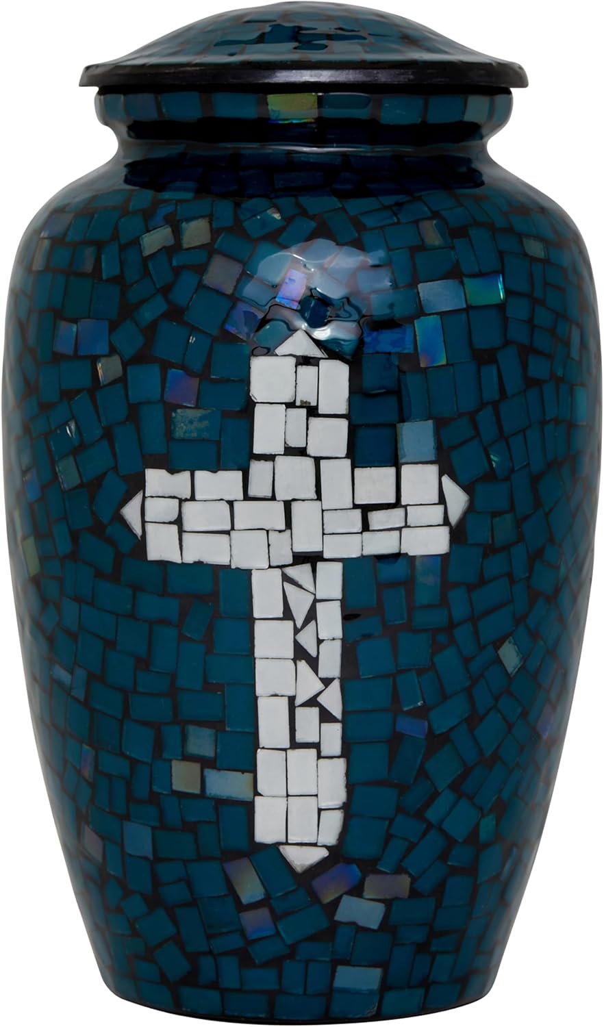 Mosaic Glass Cremation Urn - Hand Made Funeral Urn for Human Ashes - Large Adult Size Burial Urn - Hand Applied Individual Tiles Create a one of a Kind Work of Art - 200 cu in (Blue)