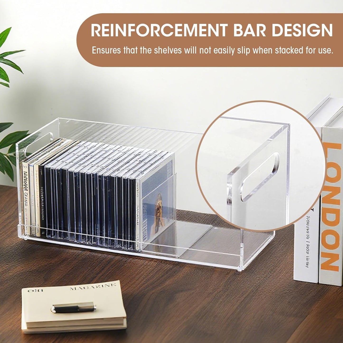 2 Pcs Acrylic Cd Storage Box, Clear Acrylic Stackable Cd Holder Racks with Cutout Carrying Handles, Organizer Shelf for Media, Movie Cases, Dvds Organizer