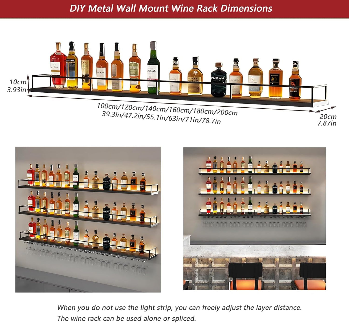 71in Wall-Mounted Metal Wine Rack with LED Lights 3-Tier Floating Bar Shelves with Wine Glass Rack Large Wine Bottle Display Rack Hanging Shelf, for Home Bar Dining Room Decorative (Gold, 180cm/71in)