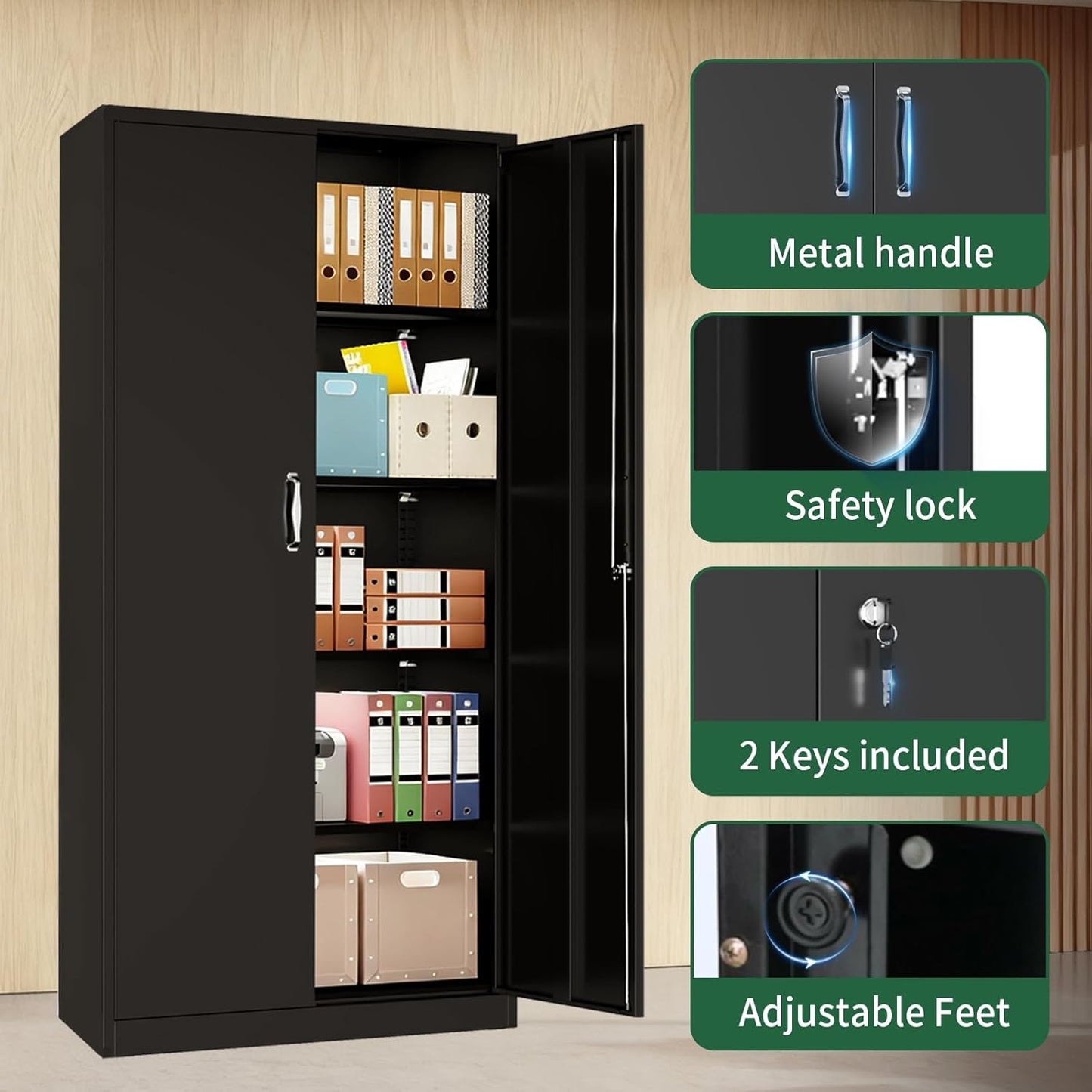 71" Metal Storage Cabinet, Lockable Garage Storage Cabinet with 2 Doors and 4 Adjustable Shelves, Tall File Cabinet with Lock, Black Steel Tool Cabinets for Office,Home,Garage,School (Black)