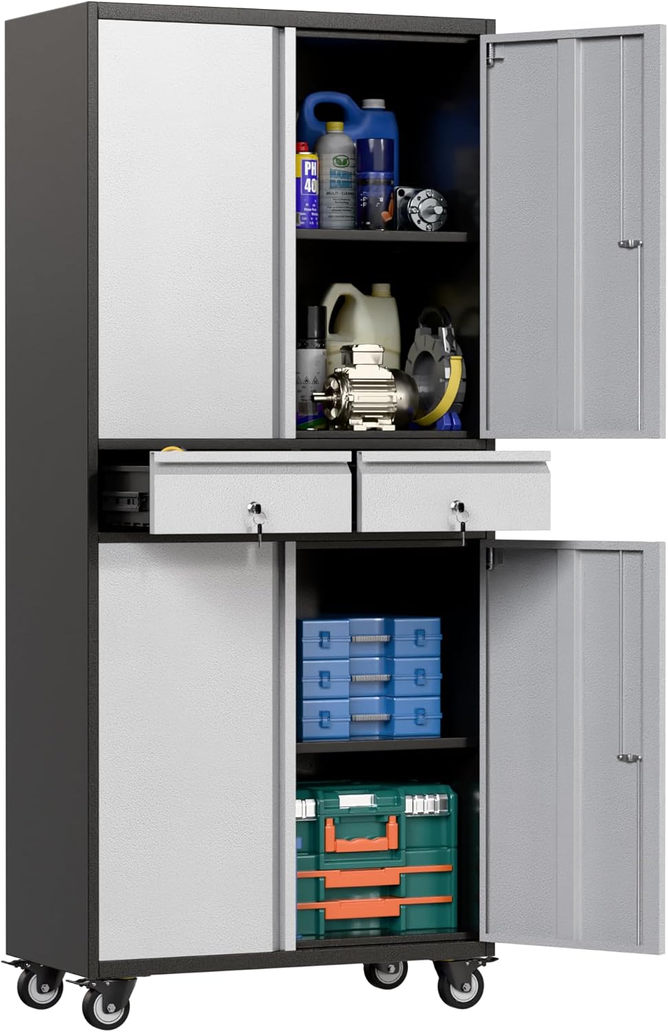 Broom Closet Storage Cabinet with Hanging Rod, 71" H Metal Garage Storage Cabinet with Wheels and 4 Adjustable Shelves, Locking Broom Closet with 13 Hooks for Garage, Bathroom, Home