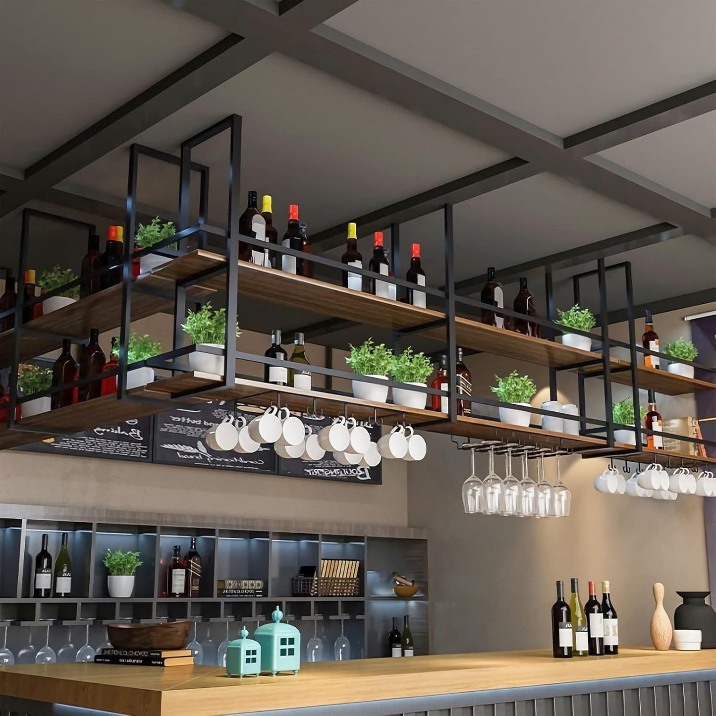 Ceiling Wine Glass Rack - 31.4in Hanging Wine Rack with Glass Holder and Shelf, 2 Layer Industrial Hanging Wine Bottle Holder, Black Metal Ceiling Shelf for Bar Cafe Kitchen (Black, 31.4×11.8×31.4in)
