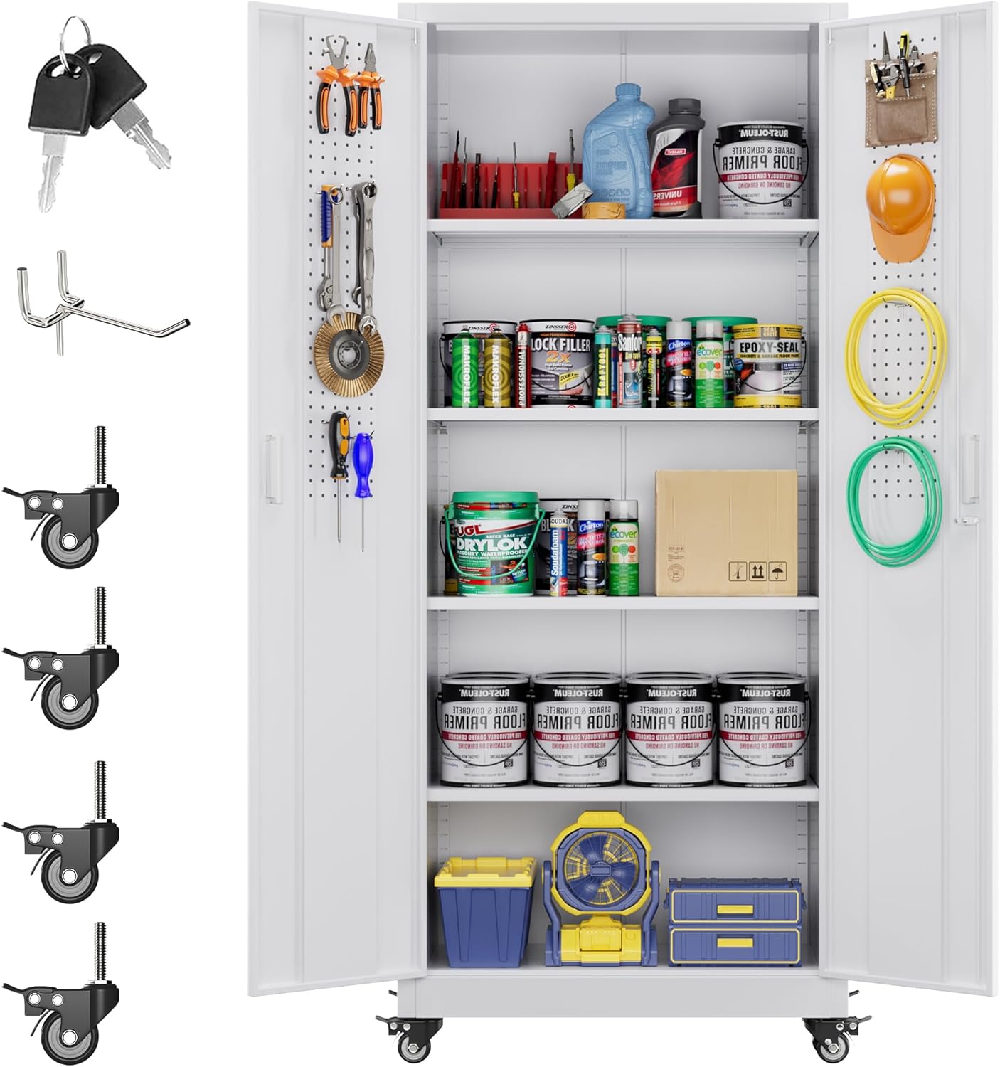 Broom Closet Storage Cabinet with Hanging Rod, 71" H Metal Garage Storage Cabinet with Wheels and 4 Adjustable Shelves, Locking Broom Closet with 13 Hooks for Garage, Bathroom, Home