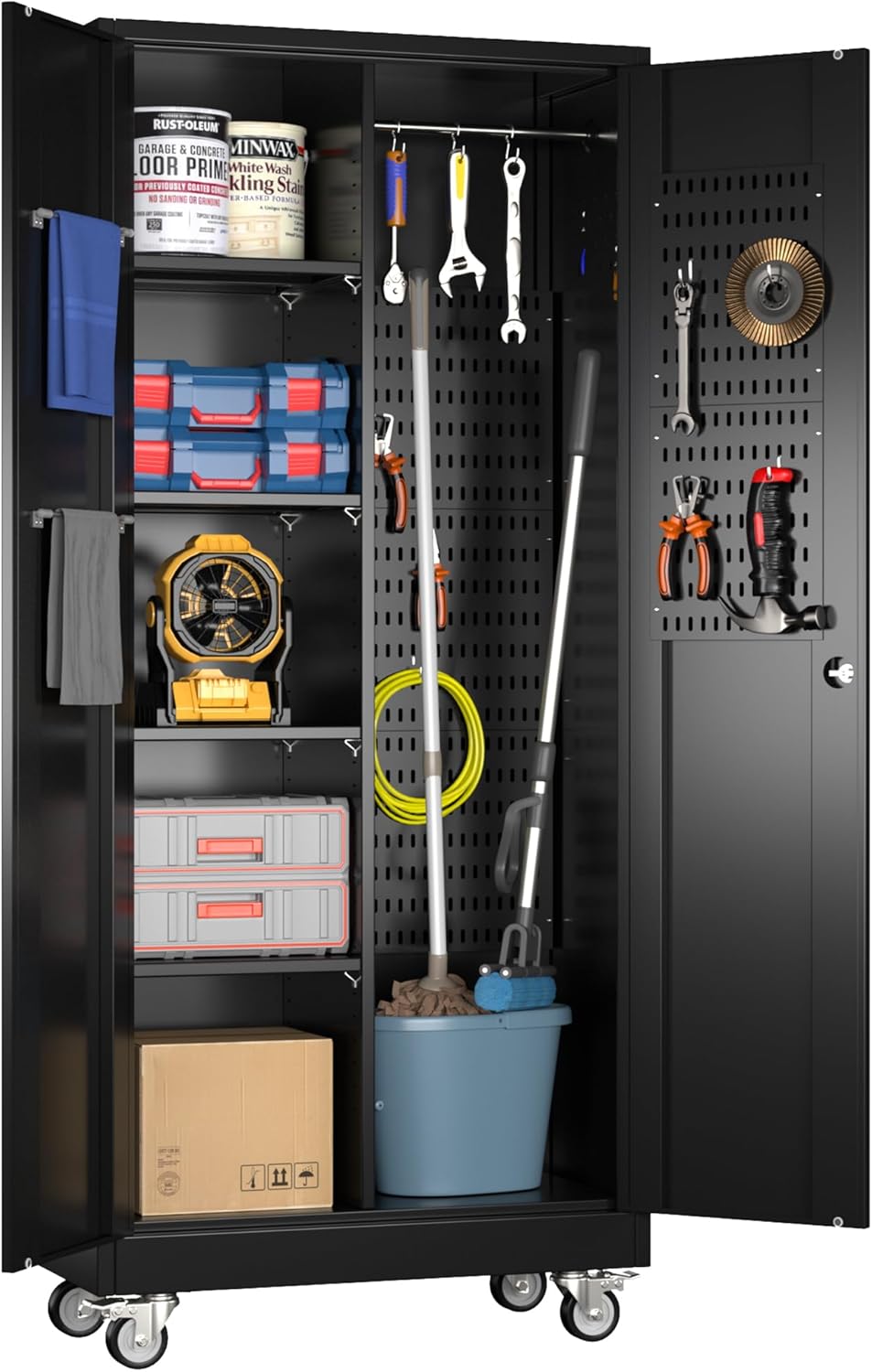 Broom Closet Storage Cabinet with Hanging Rod, 71" H Metal Garage Storage Cabinet with Wheels and 4 Adjustable Shelves, Locking Broom Closet with 13 Hooks for Garage, Bathroom, Home