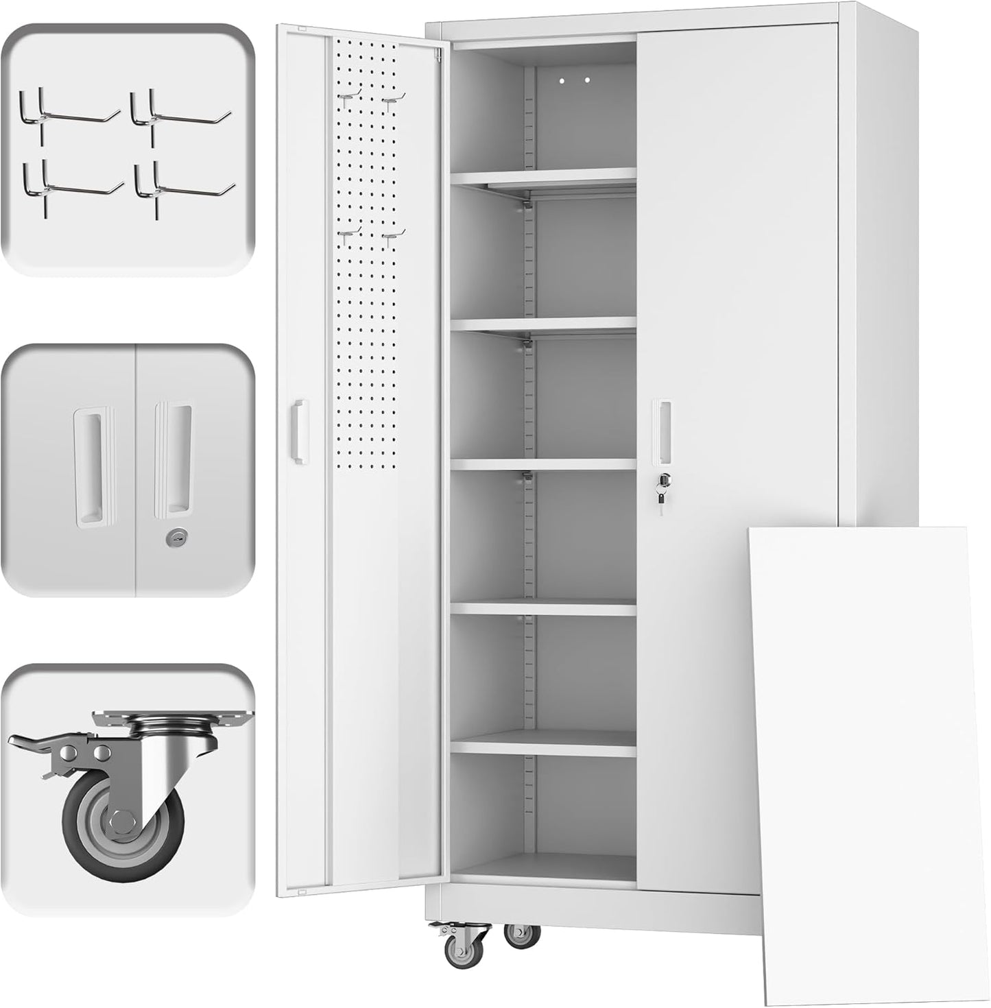 Broom Closet Storage Cabinet with Hanging Rod, 71" H Metal Garage Storage Cabinet with Wheels and 4 Adjustable Shelves, Locking Broom Closet with 13 Hooks for Garage, Bathroom, Home