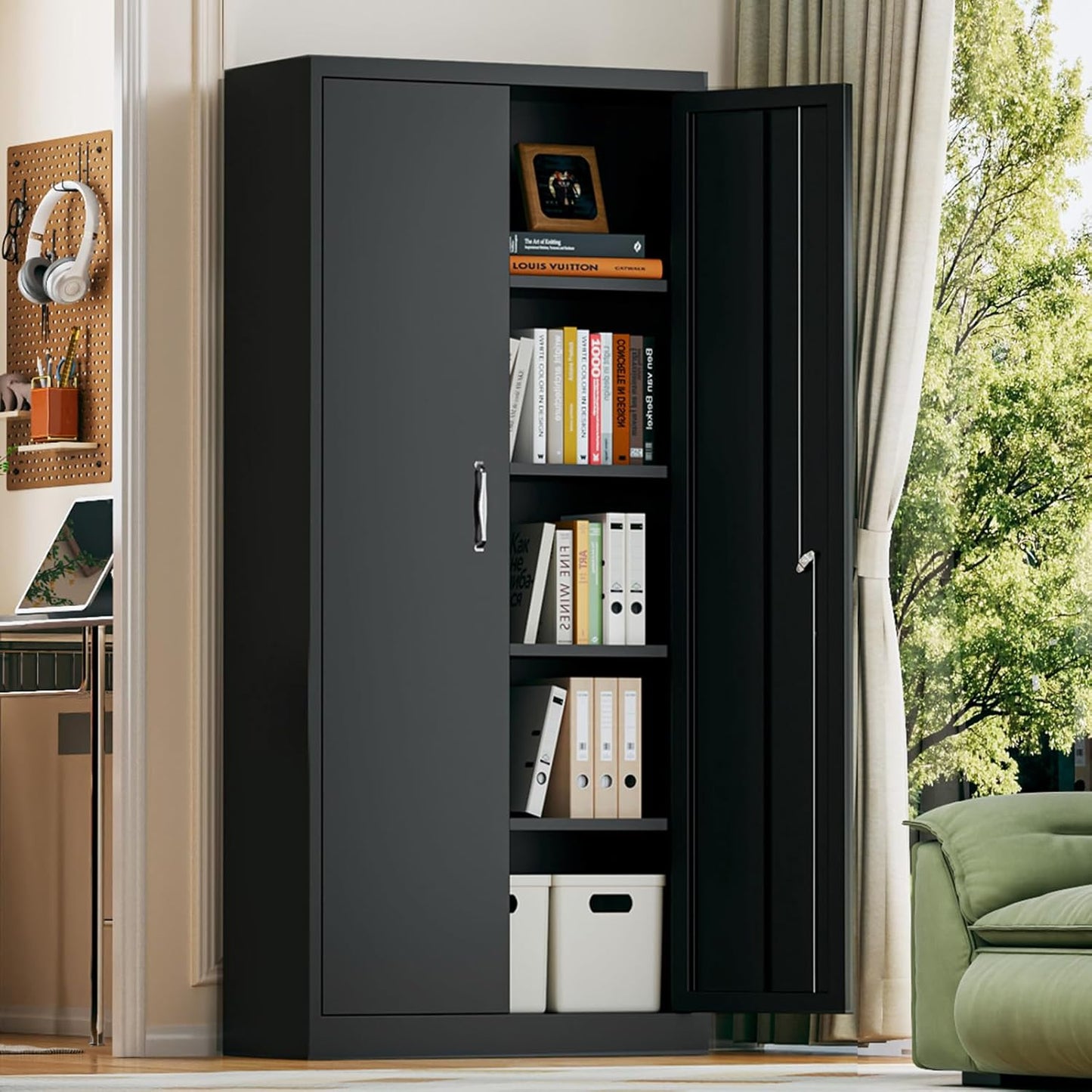 71" Metal Storage Cabinet, Lockable Garage Storage Cabinet with 2 Doors and 4 Adjustable Shelves, Tall File Cabinet with Lock, Black Steel Tool Cabinets for Office,Home,Garage,School (Black)