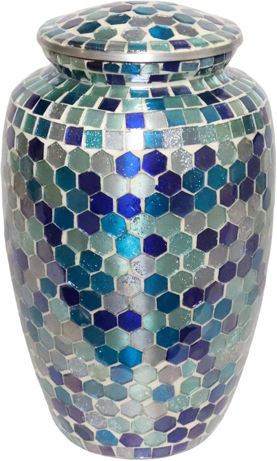 Mosaic Glass Cremation Urn - Hand Made Funeral Urn for Human Ashes - Large Adult Size Burial Urn - Hand Applied Individual Tiles Create a one of a Kind Work of Art - 200 cu in (Blue)