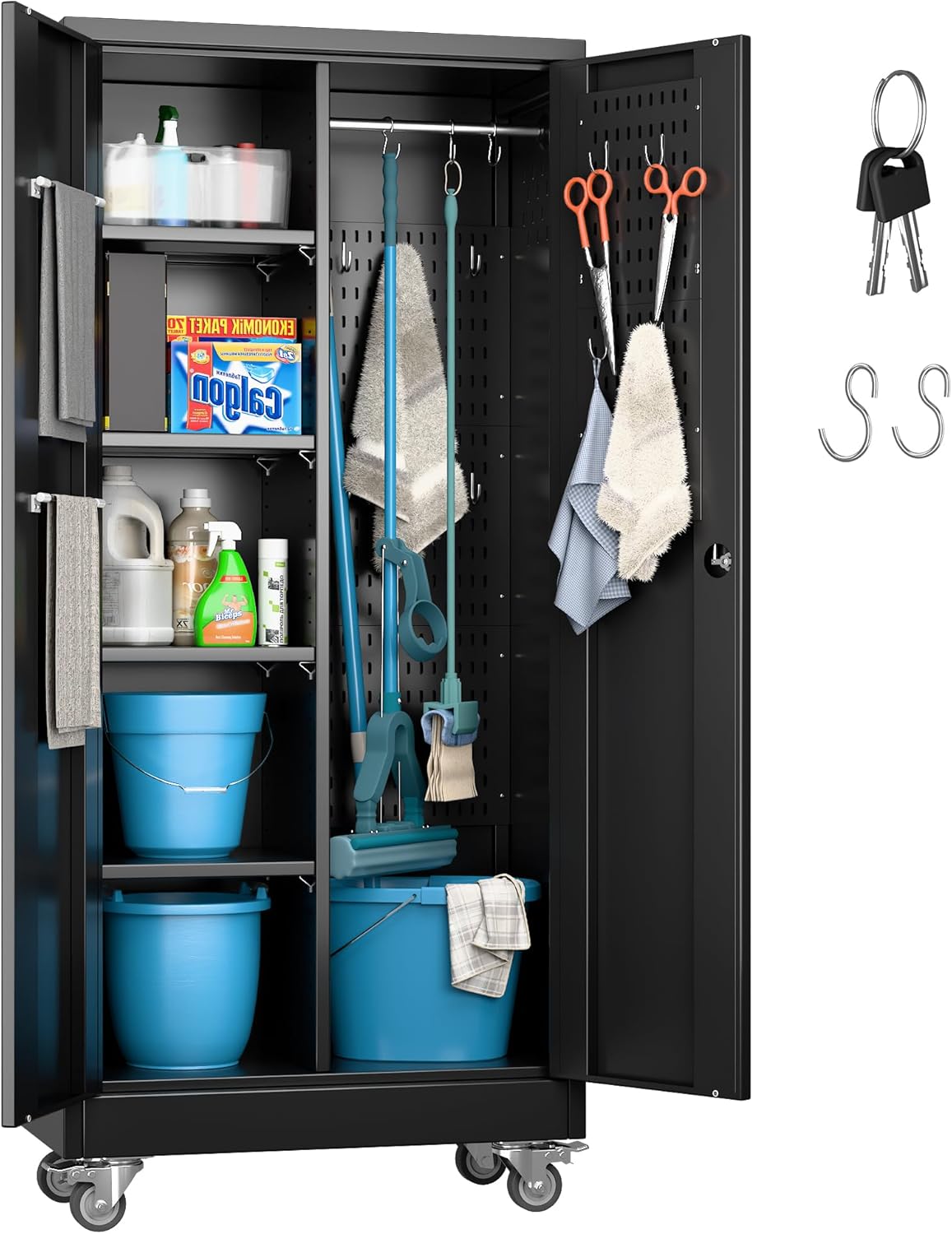 Broom Closet Storage Cabinet with Hanging Rod, 71" H Metal Garage Storage Cabinet with Wheels and 4 Adjustable Shelves, Locking Broom Closet with 13 Hooks for Garage, Bathroom, Home