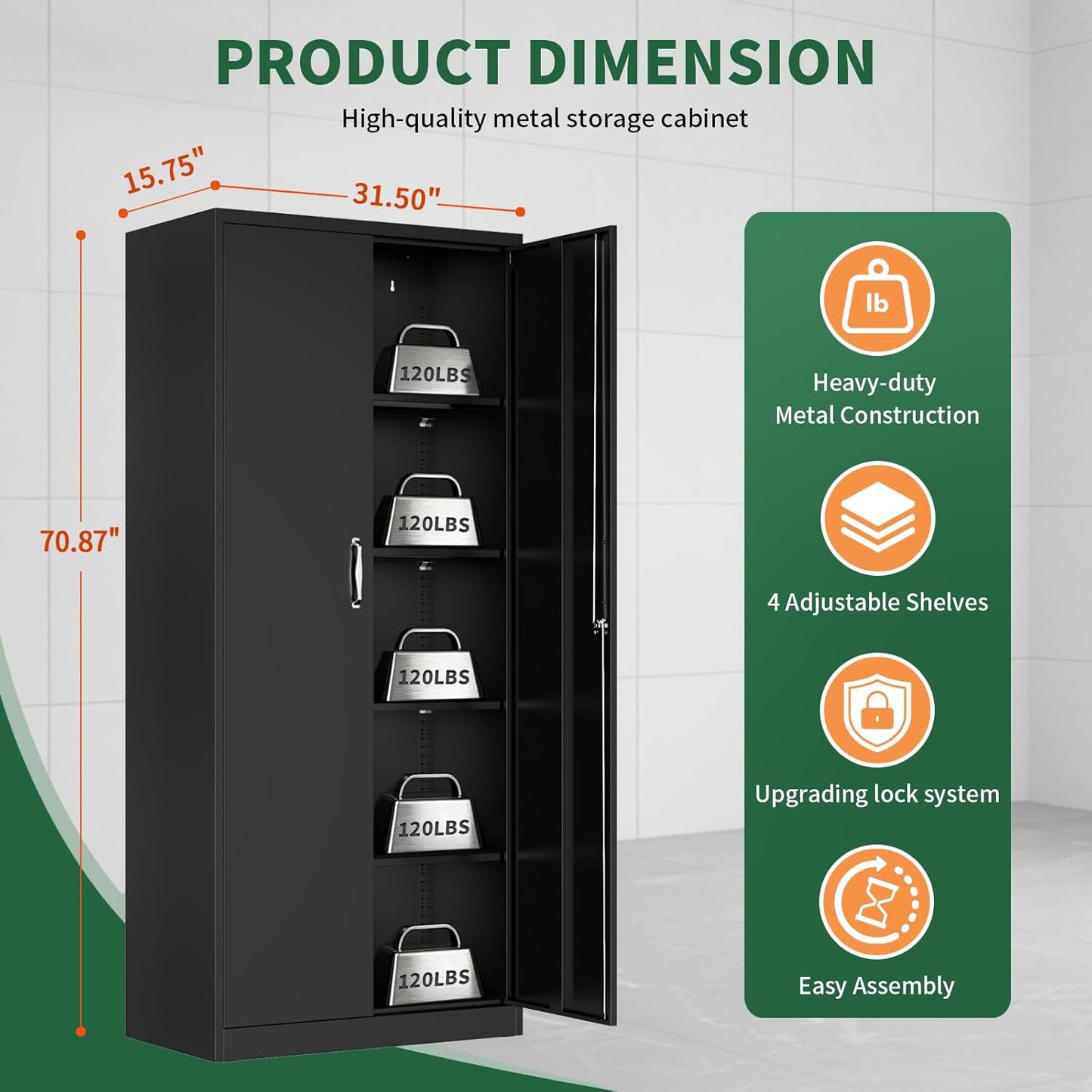 71" Metal Storage Cabinet, Lockable Garage Storage Cabinet with 2 Doors and 4 Adjustable Shelves, Tall File Cabinet with Lock, Black Steel Tool Cabinets for Office,Home,Garage,School (Black)