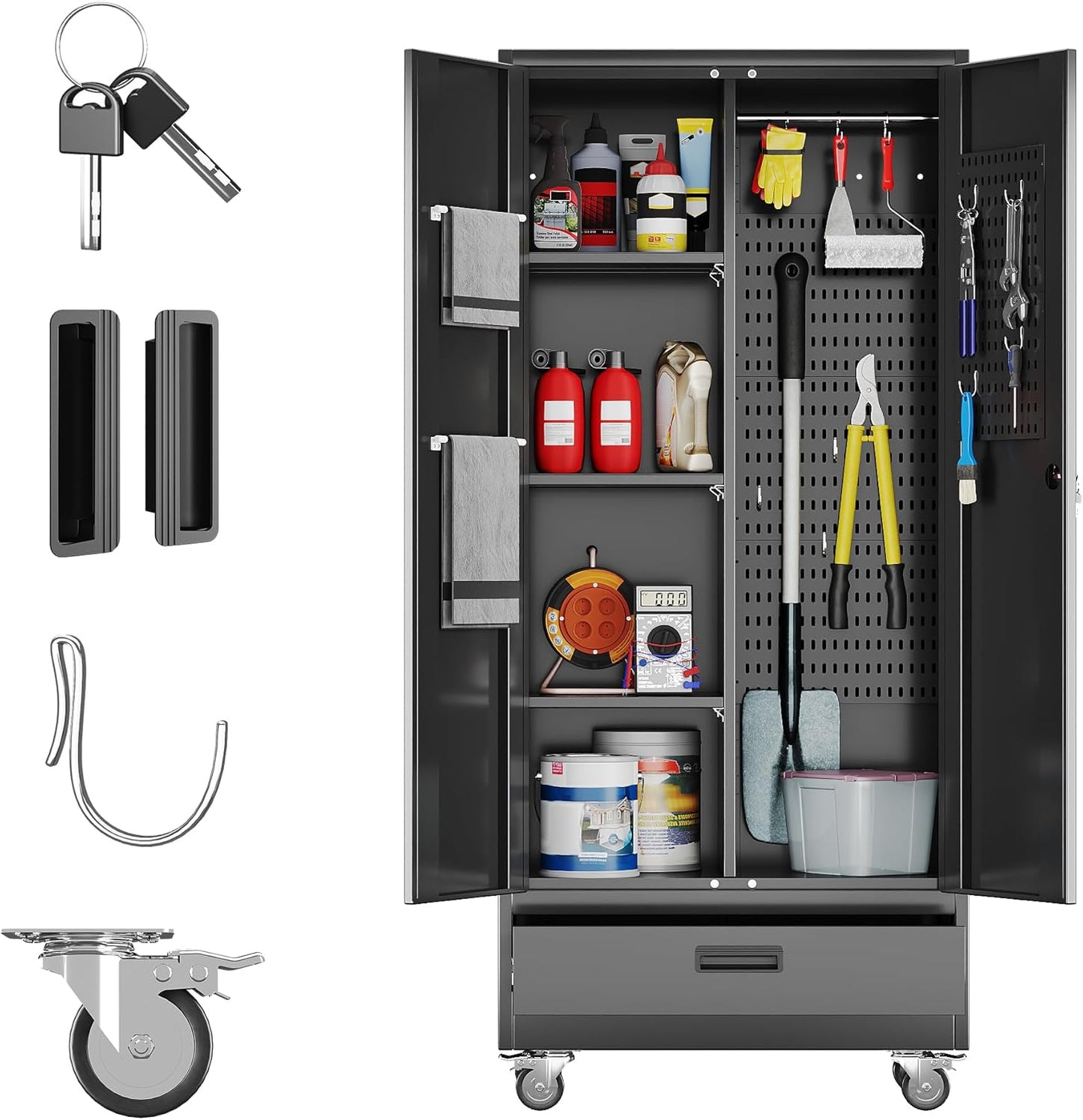Broom Closet Storage Cabinet with Hanging Rod, 71" H Metal Garage Storage Cabinet with Wheels and 4 Adjustable Shelves, Locking Broom Closet with 13 Hooks for Garage, Bathroom, Home