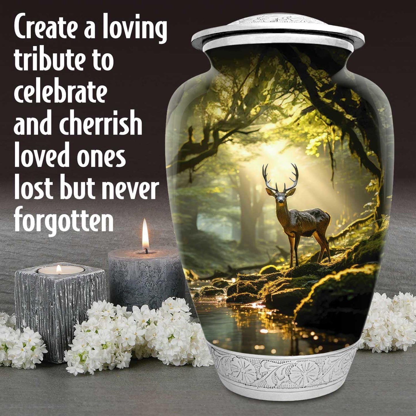 Deer Forest Urn for Human Ashes | Large Handcrafted Funeral Memorial | Decorative Cremation Urn for Women and Men