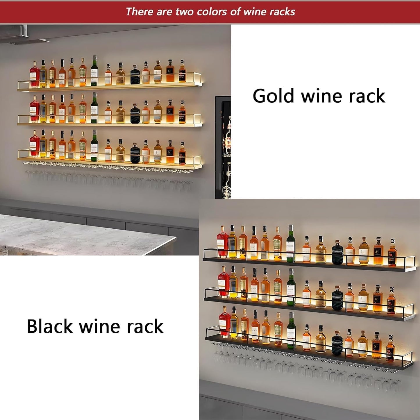 71in Wall-Mounted Metal Wine Rack with LED Lights 3-Tier Floating Bar Shelves with Wine Glass Rack Large Wine Bottle Display Rack Hanging Shelf, for Home Bar Dining Room Decorative (Gold, 180cm/71in)