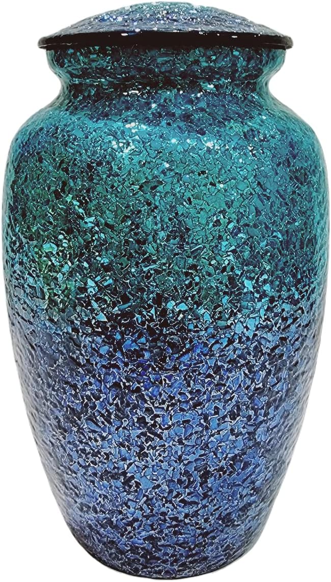 Mosaic Glass Cremation Urn - Hand Made Funeral Urn for Human Ashes - Large Adult Size Burial Urn - Hand Applied Individual Tiles Create a one of a Kind Work of Art - 200 cu in (Blue)