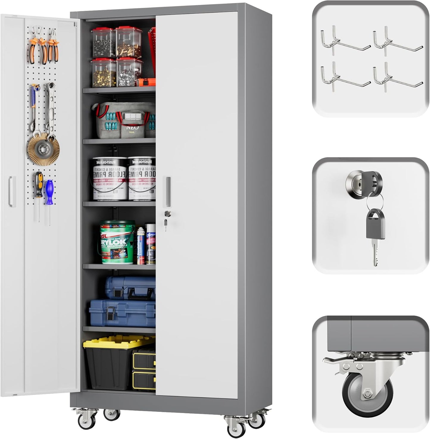 Broom Closet Storage Cabinet with Hanging Rod, 71" H Metal Garage Storage Cabinet with Wheels and 4 Adjustable Shelves, Locking Broom Closet with 13 Hooks for Garage, Bathroom, Home