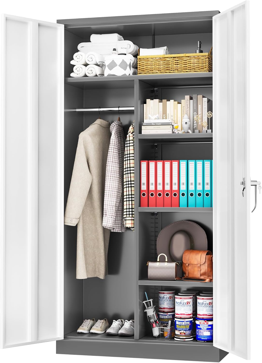 Greenvelly Metal Storage Cabinet with Lock, 72” Black Garage Storage Cabinet with Doors and Shelves, Tall Lockable File &Tool Cabinet for Home Office, Metal Classroom Cabinet Basement