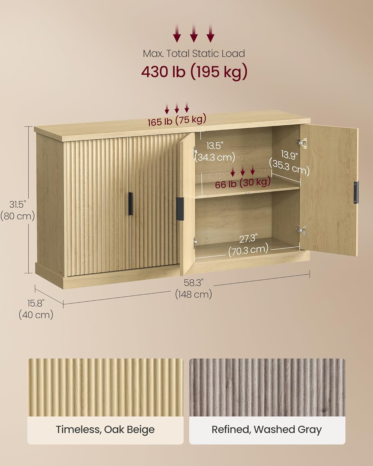 VASAGLE MAXE Collection - Transitional Buffet Cabinet, Console Cabinet, Sideboard with Adjustable Shelves, Fluted Doors, Buffet Table, Kitchen Pantry, Oak Beige UBBK382Y01S