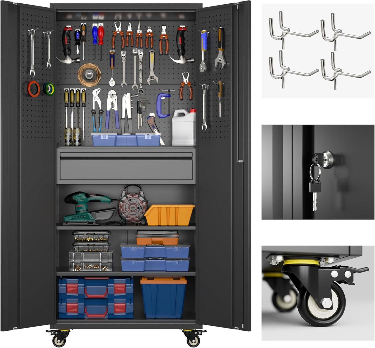 Broom Closet Storage Cabinet with Hanging Rod, 71" H Metal Garage Storage Cabinet with Wheels and 4 Adjustable Shelves, Locking Broom Closet with 13 Hooks for Garage, Bathroom, Home