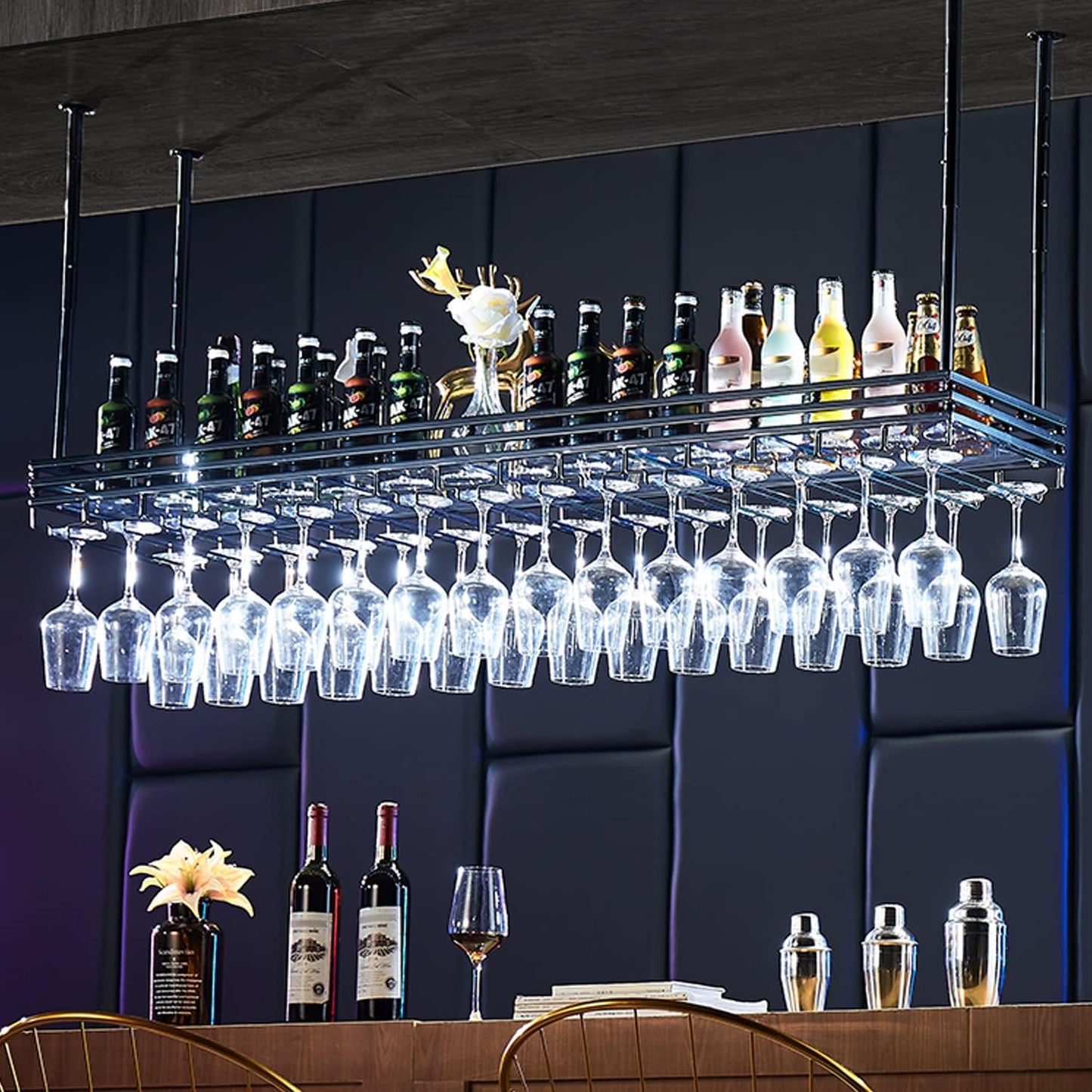 Ceiling Wine Rack&Hanging, Adjustable Hanging Wine Rack with Acrylic Board for Bar Cafe Kitche, 31.5''x13.8'' Iron Hanging Wine Glass Racks, Wine Bottle, Goblet Stemware Rack, Mug Rack-Gold