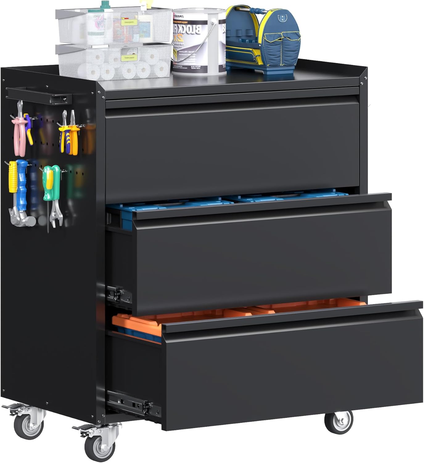 Broom Closet Storage Cabinet with Hanging Rod, 71" H Metal Garage Storage Cabinet with Wheels and 4 Adjustable Shelves, Locking Broom Closet with 13 Hooks for Garage, Bathroom, Home