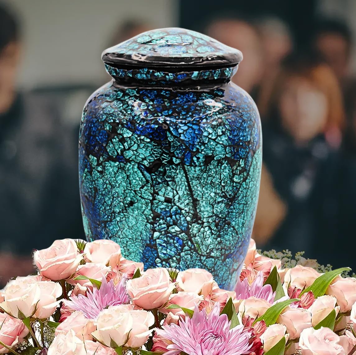 Mosaic Glass Cremation Urn - Hand Made Funeral Urn for Human Ashes - Large Adult Size Burial Urn - Hand Applied Individual Tiles Create a one of a Kind Work of Art - 200 cu in (Blue)