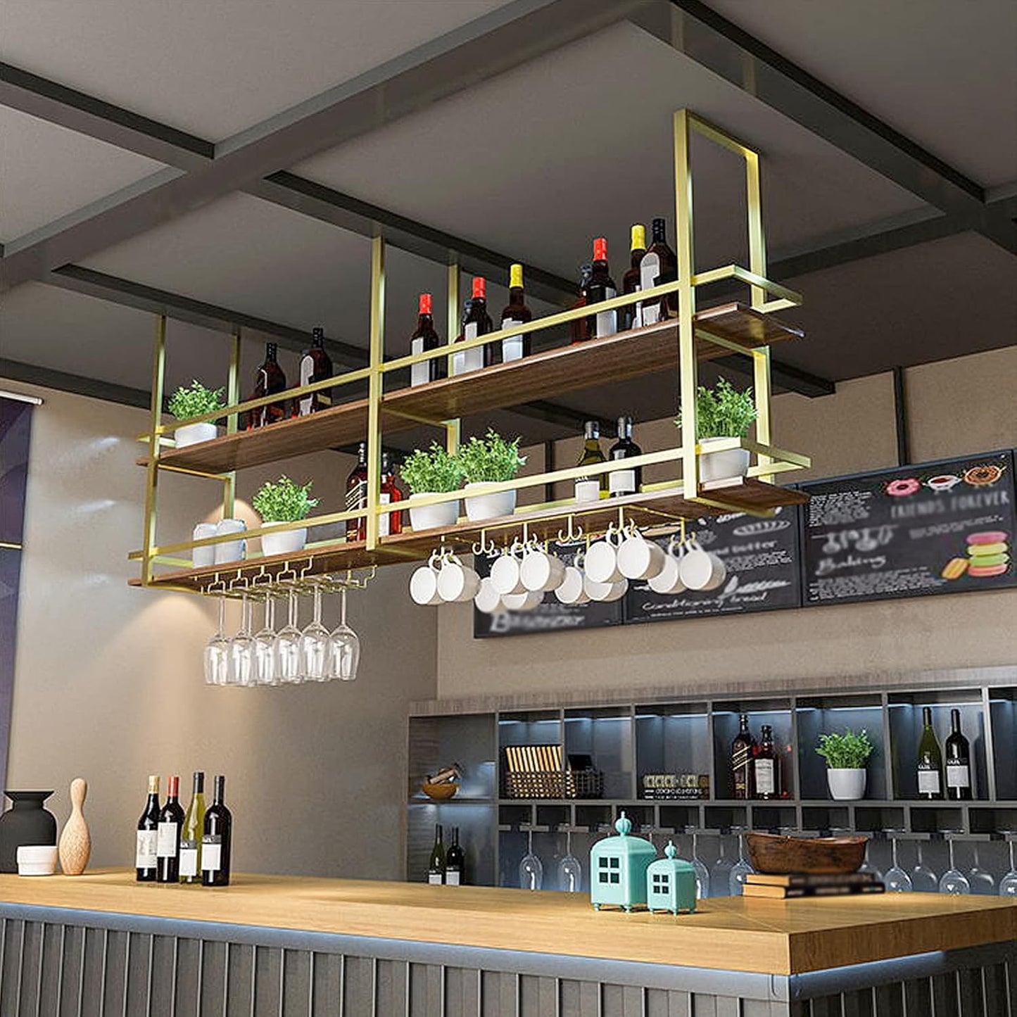 Ceiling Wine Glass Rack - 31.4in Hanging Wine Rack with Glass Holder and Shelf, 2 Layer Industrial Hanging Wine Bottle Holder, Black Metal Ceiling Shelf for Bar Cafe Kitchen (Black, 31.4×11.8×31.4in)