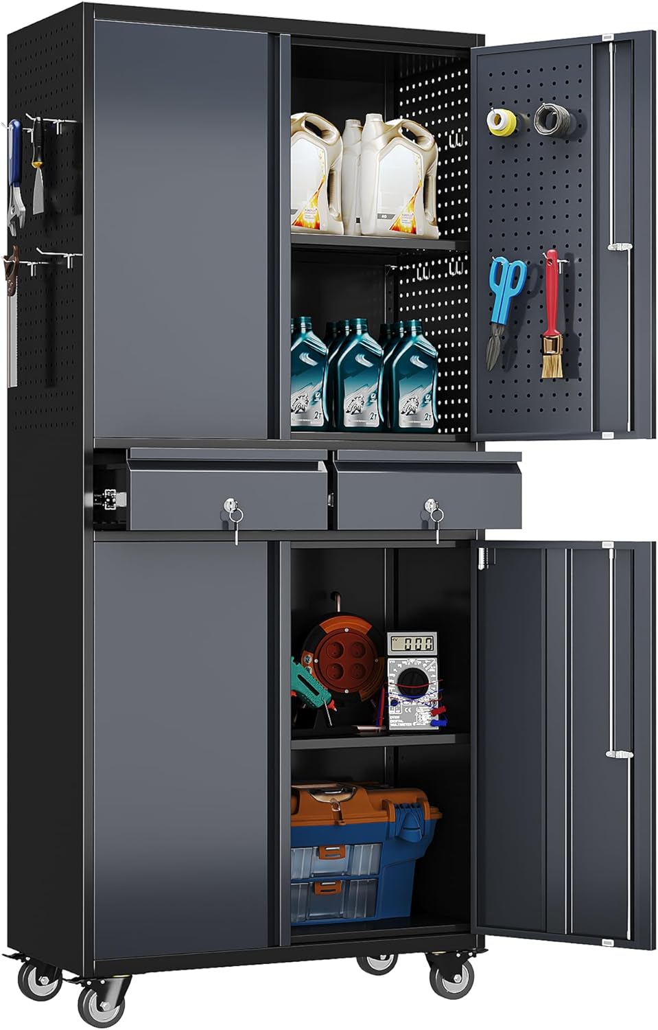 Broom Closet Storage Cabinet with Hanging Rod, 71" H Metal Garage Storage Cabinet with Wheels and 4 Adjustable Shelves, Locking Broom Closet with 13 Hooks for Garage, Bathroom, Home