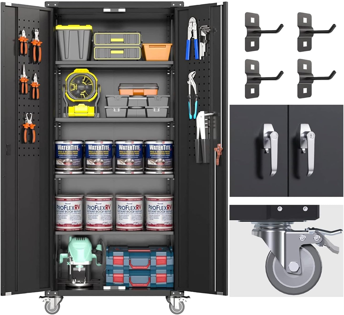 Broom Closet Storage Cabinet with Hanging Rod, 71" H Metal Garage Storage Cabinet with Wheels and 4 Adjustable Shelves, Locking Broom Closet with 13 Hooks for Garage, Bathroom, Home