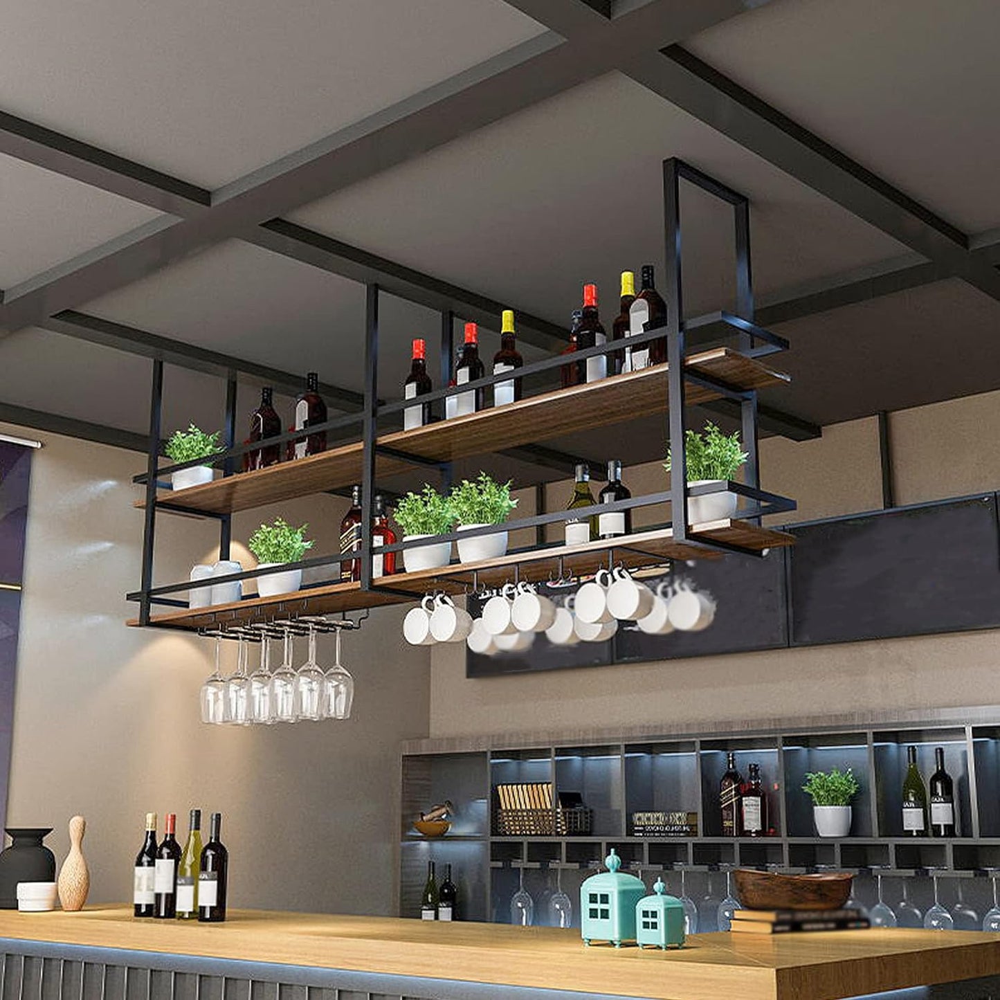 Ceiling Wine Glass Rack - 31.4in Hanging Wine Rack with Glass Holder and Shelf, 2 Layer Industrial Hanging Wine Bottle Holder, Black Metal Ceiling Shelf for Bar Cafe Kitchen (Black, 31.4×11.8×31.4in)