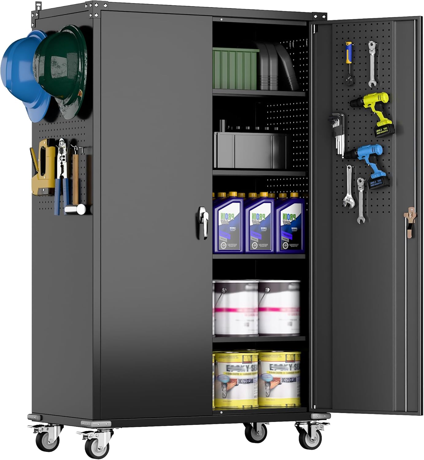 Broom Closet Storage Cabinet with Hanging Rod, 71" H Metal Garage Storage Cabinet with Wheels and 4 Adjustable Shelves, Locking Broom Closet with 13 Hooks for Garage, Bathroom, Home