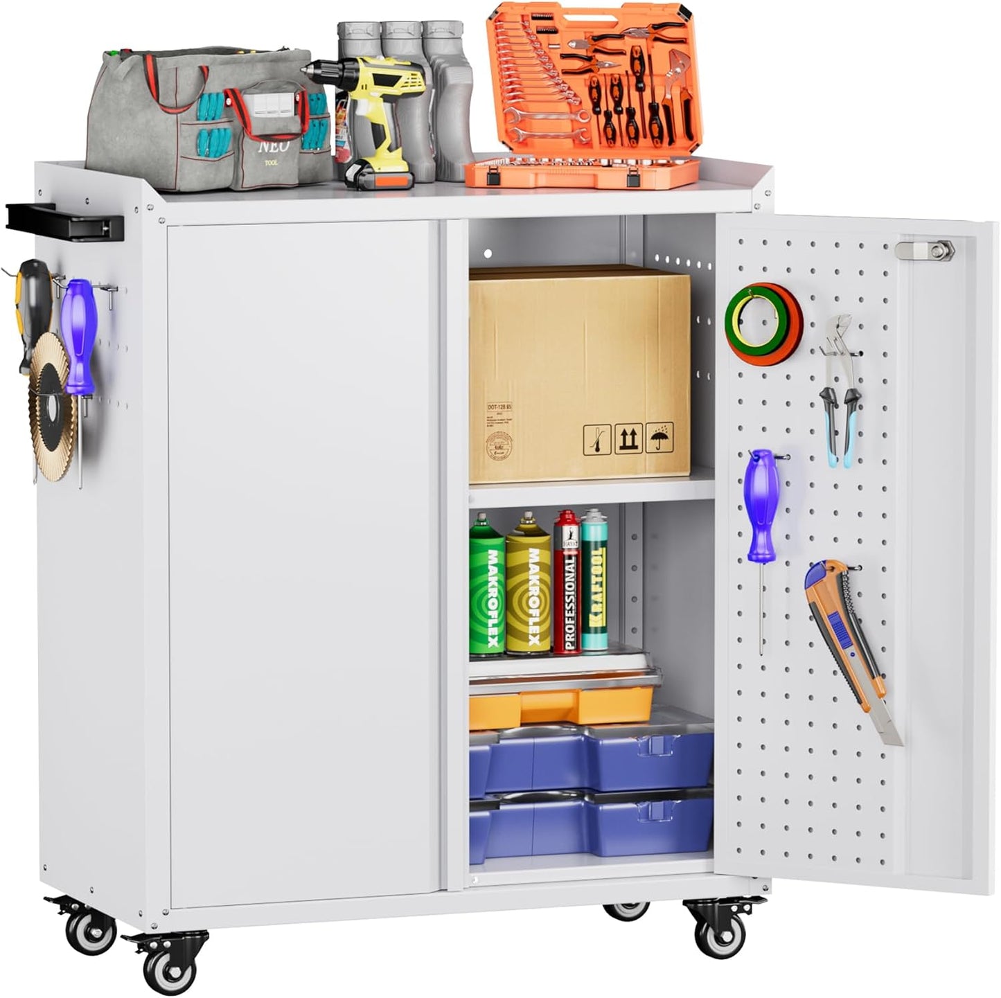 Broom Closet Storage Cabinet with Hanging Rod, 71" H Metal Garage Storage Cabinet with Wheels and 4 Adjustable Shelves, Locking Broom Closet with 13 Hooks for Garage, Bathroom, Home