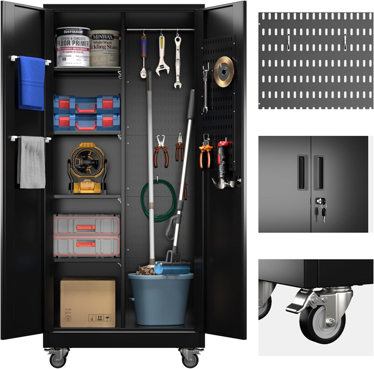 Broom Closet Storage Cabinet with Hanging Rod, 71" H Metal Garage Storage Cabinet with Wheels and 4 Adjustable Shelves, Locking Broom Closet with 13 Hooks for Garage, Bathroom, Home