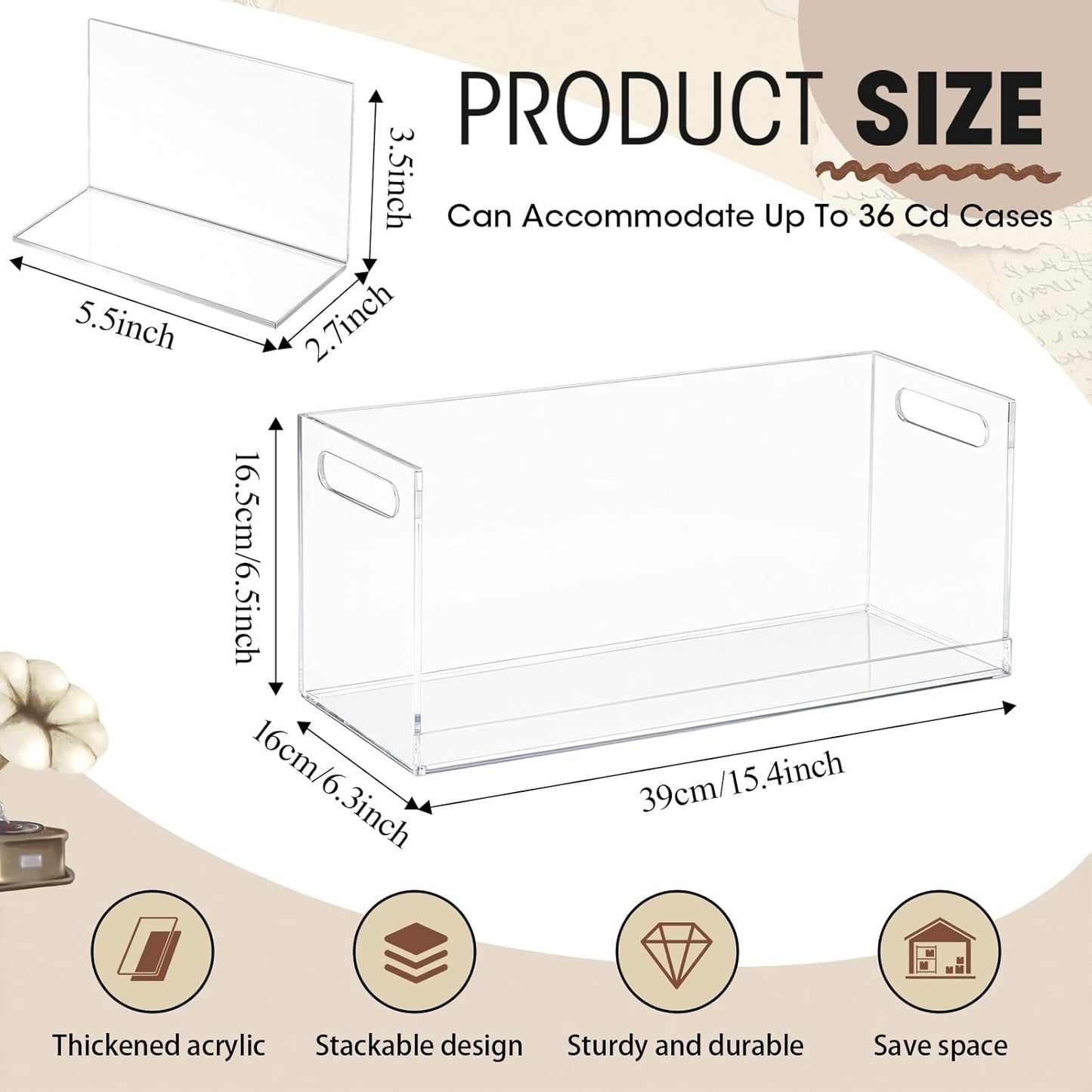 2 Pcs Acrylic Cd Storage Box, Clear Acrylic Stackable Cd Holder Racks with Cutout Carrying Handles, Organizer Shelf for Media, Movie Cases, Dvds Organizer