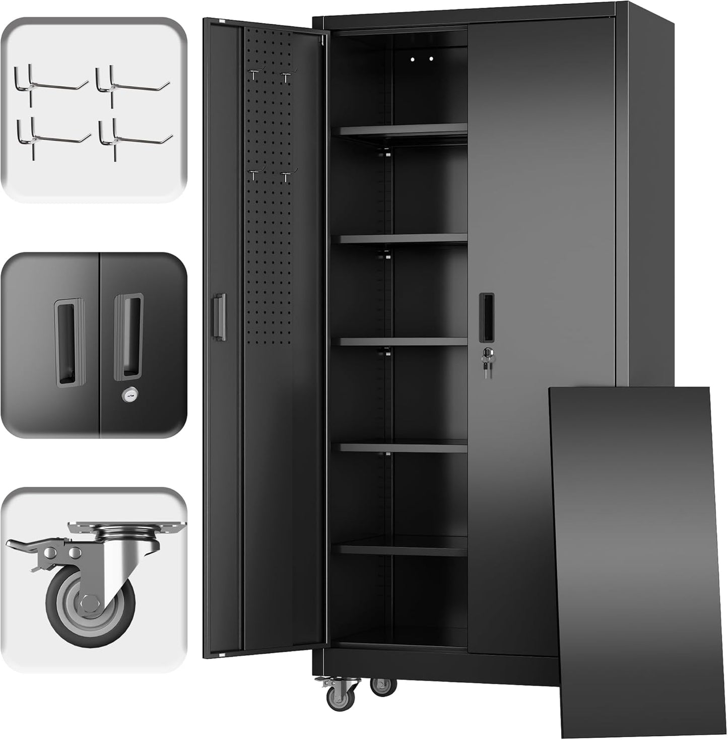 Broom Closet Storage Cabinet with Hanging Rod, 71" H Metal Garage Storage Cabinet with Wheels and 4 Adjustable Shelves, Locking Broom Closet with 13 Hooks for Garage, Bathroom, Home