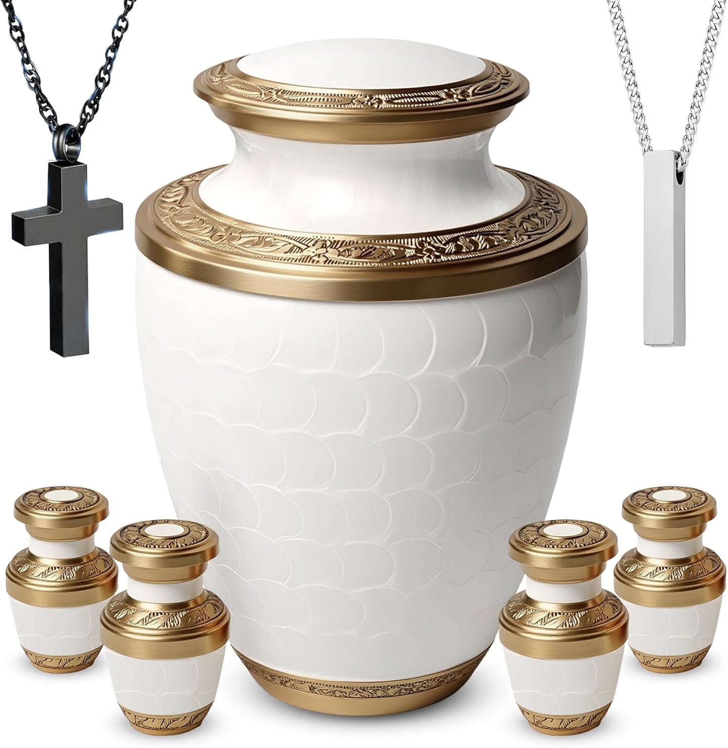 Family Tribute White Marble Cremation Urn for Ashes Set – Beautiful Large Funeral Urn for Adult (220lbs) with 4 Small Keepsake Urns & 2 Memorial Ash Necklaces to Honor Your Loved Ones with Elegance
