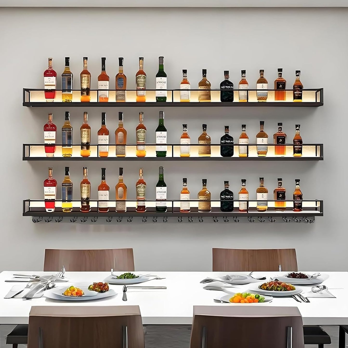 71in Wall-Mounted Metal Wine Rack with LED Lights 3-Tier Floating Bar Shelves with Wine Glass Rack Large Wine Bottle Display Rack Hanging Shelf, for Home Bar Dining Room Decorative (Gold, 180cm/71in)