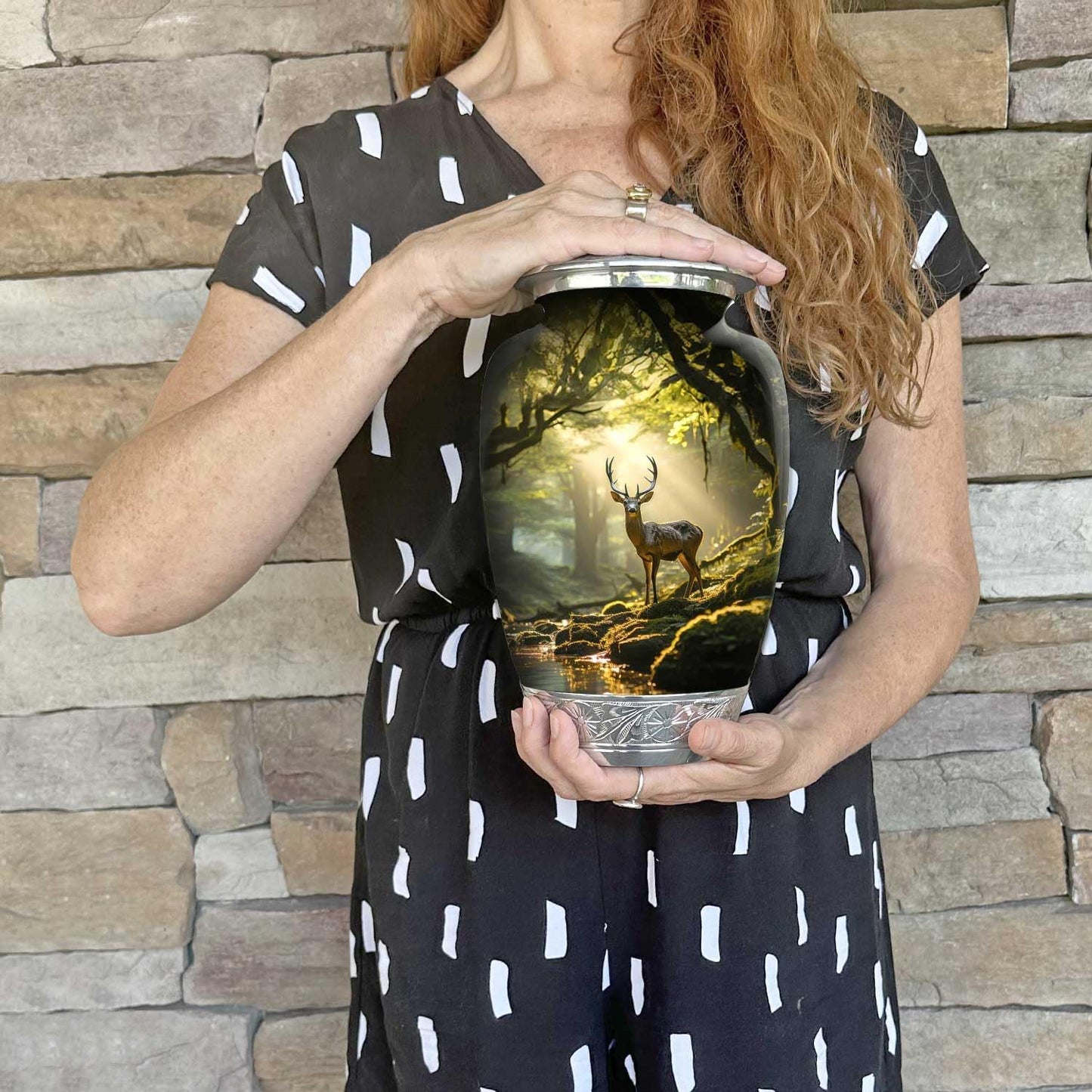 Deer Forest Urn for Human Ashes | Large Handcrafted Funeral Memorial | Decorative Cremation Urn for Women and Men