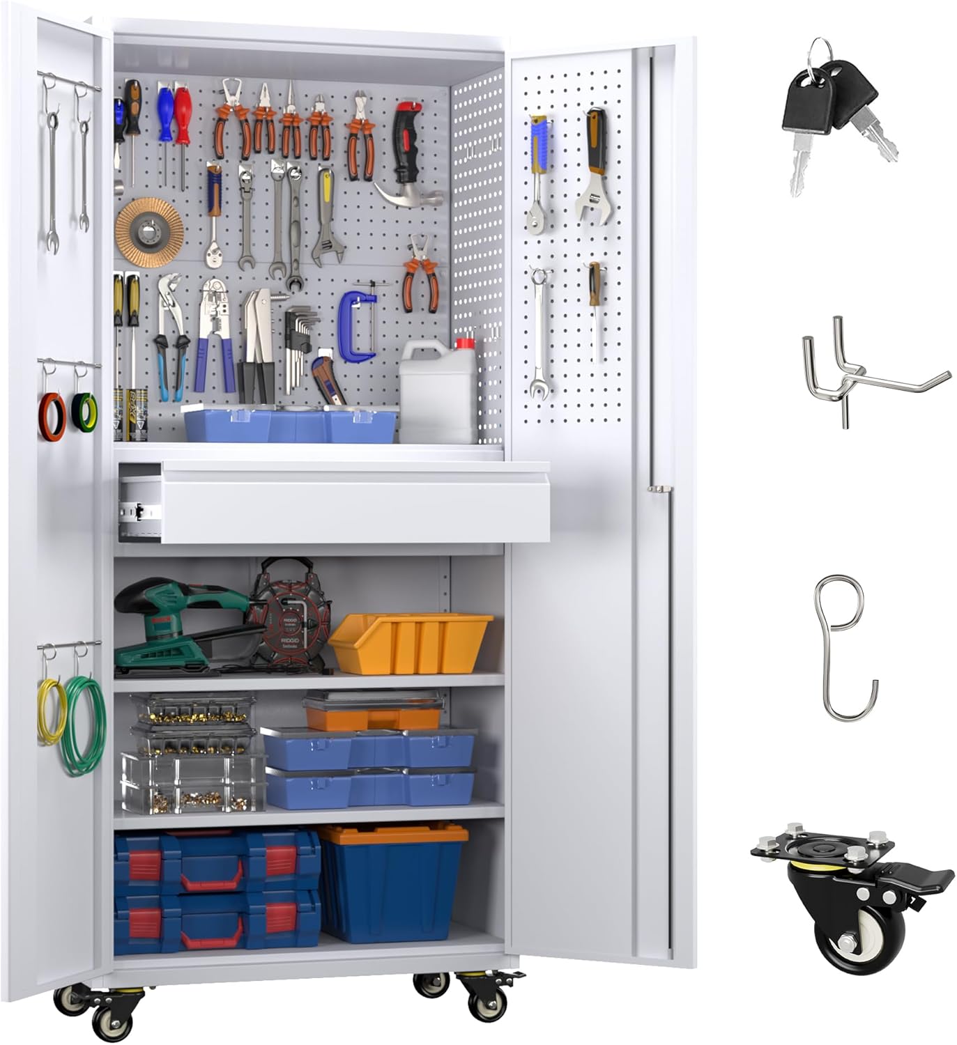 Broom Closet Storage Cabinet with Hanging Rod, 71" H Metal Garage Storage Cabinet with Wheels and 4 Adjustable Shelves, Locking Broom Closet with 13 Hooks for Garage, Bathroom, Home